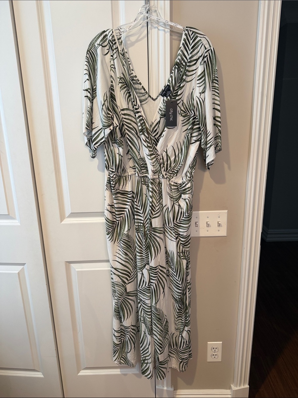 City Chic White Midi Dress with Green Palm Leaf Print